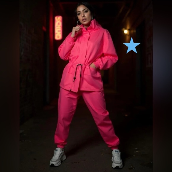 Vintage 90s Neon Red American High Hip Hop Costume Tracksuit Pants Jacket Set M - Picture 1 of 16